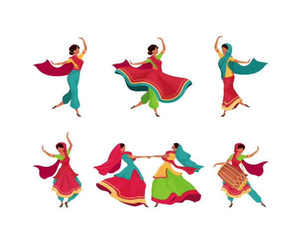 Indian holiday celebration flat color vector faceless characters set. Diwali holiday performance. Woman in saree dance. Teej festival isolated cartoon illustrations on white background